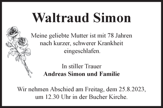 Traueranzeige von Waltraud Simon von Volksstimme Altmark Ost