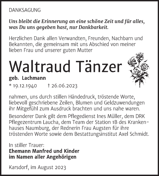 Traueranzeige von Waltraud Tänzer von Wochenspiegel Naumburg/Nebra