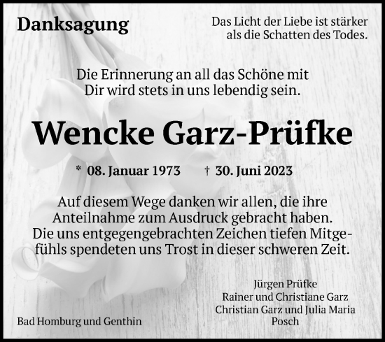 Traueranzeige von Wencke Garz-Prüfke von Volksstimme Burg/Genthin