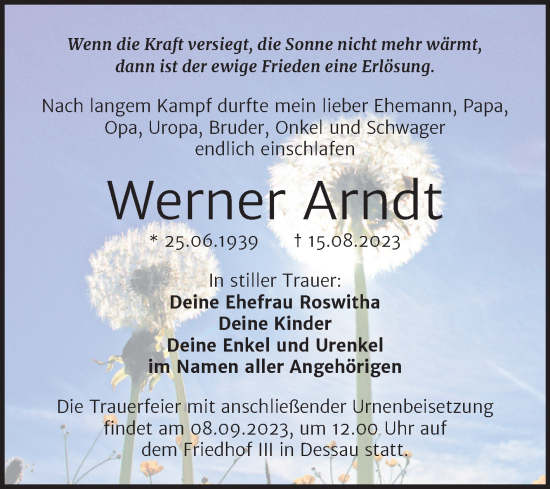 Traueranzeige von Werner Arndt von Trauerkombi Dessau