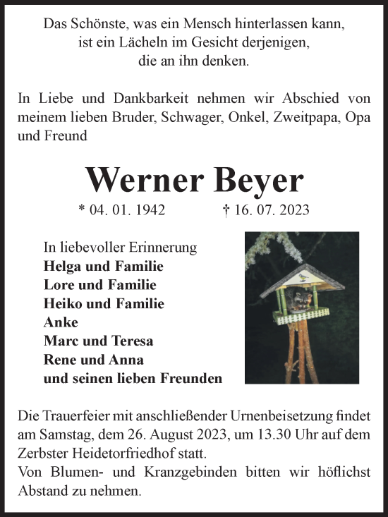 Traueranzeige von Werner Beyer von Volksstimme Wernigerode