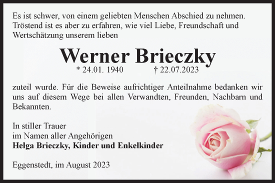Traueranzeige von Werner Brieczky von Volksstimme Oschersleben/Wanzleben