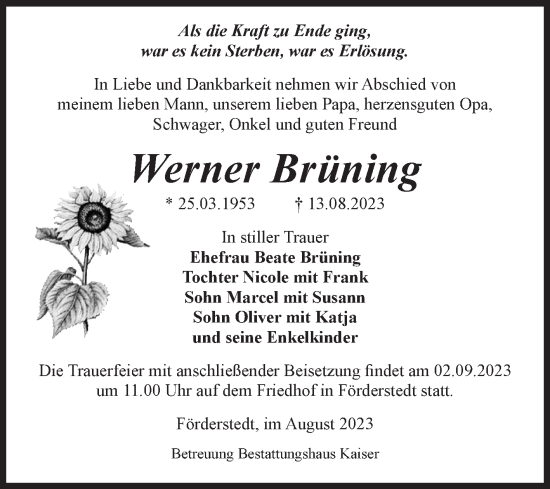 Traueranzeige von Werner Brüning von Volksstimme Staßfurt