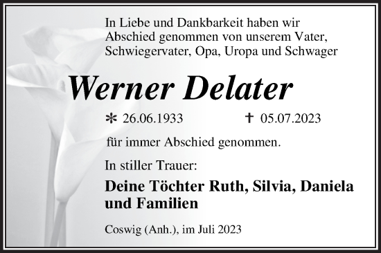 Traueranzeige von Werner Delater von Trauerkombi Wittenberg