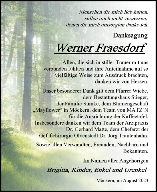 Traueranzeige von Werner Fraesdorf von Volksstimme Burg/Genthin