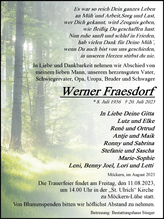Traueranzeige von Werner Fraesdorf von Volksstimme Burg/Genthin