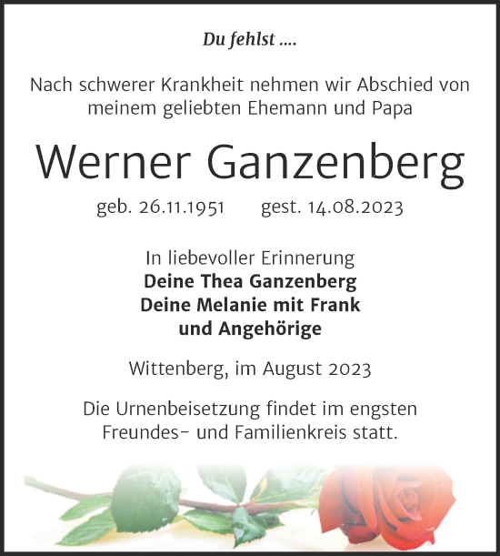 Traueranzeige von Werner Ganzenberg von Trauerkombi Wittenberg