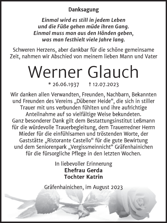 Traueranzeige von Werner Glauch von Trauerkombi Wittenberg