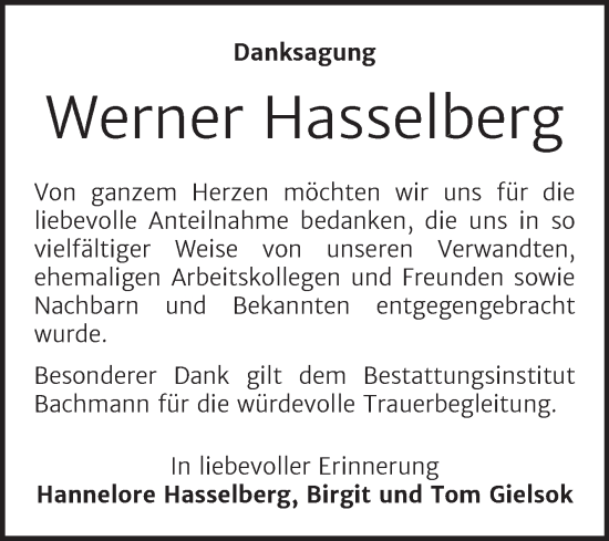 Traueranzeige von Werner Hasselberg von Trauerkombi Dessau