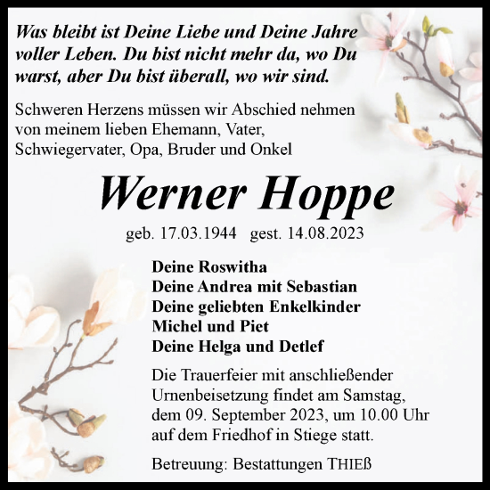Traueranzeige von Werner Hoppe von Volksstimme Wernigerode