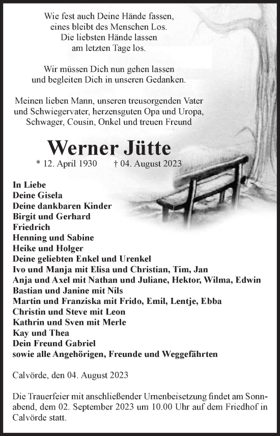 Traueranzeige von Werner Jütte von Volksstimme Haldensleben/Wolmirstedt