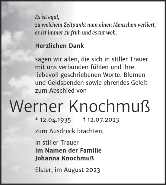 Traueranzeige von Werner Knochmuß von Trauerkombi Wittenberg