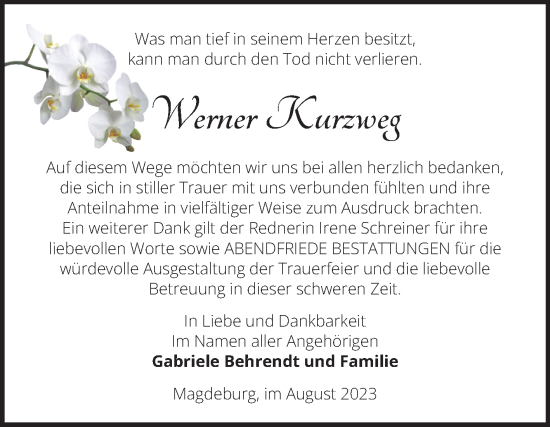 Traueranzeige von Werner Kurzweg von Volksstimme Magdeburg