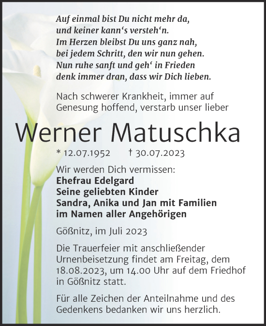 Traueranzeige von Werner Matuschka von Wochenspiegel Naumburg/Nebra