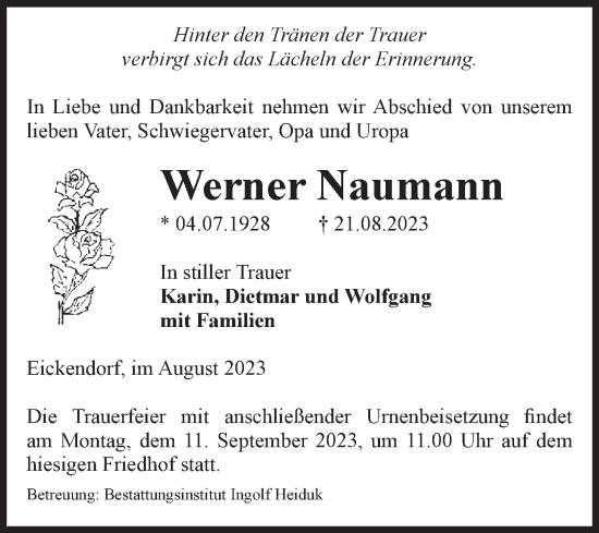 Traueranzeige von Werner Naumann von Volksstimme Schönebeck