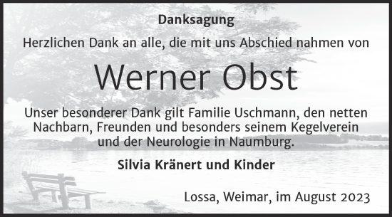Traueranzeige von Werner Obst von Wochenspiegel Naumburg/Nebra