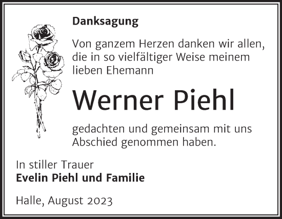 Traueranzeige von Werner Piehl von Mitteldeutsche Zeitung Halle/Saalkreis