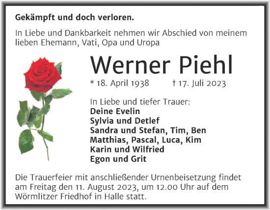 Traueranzeige von Werner Piehl von Mitteldeutsche Zeitung Halle/Saalkreis