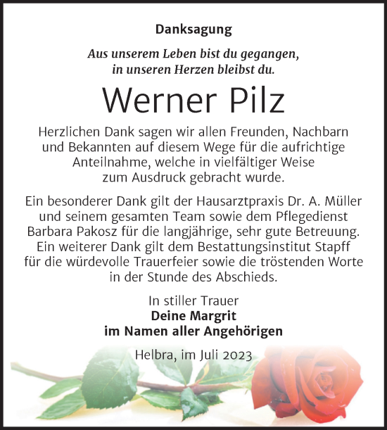 Traueranzeige von Werner Pilz von Trauerkombi Mansfelder Land