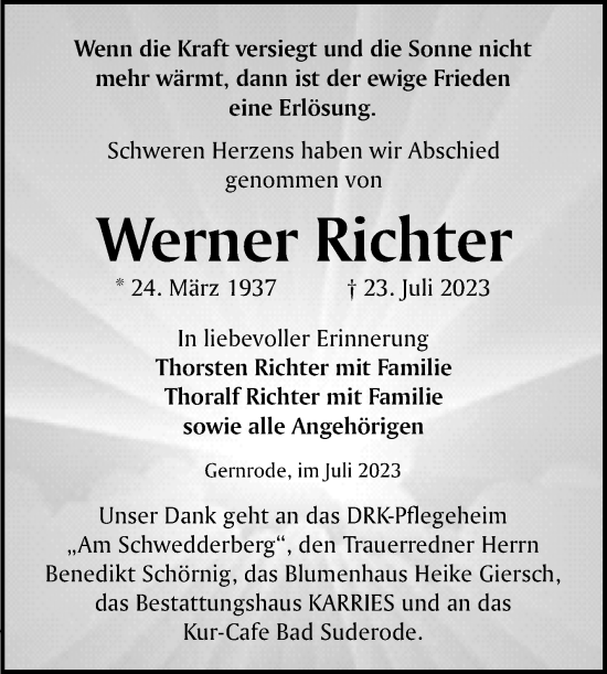 Traueranzeige von Werner Richter von Trauerkombi Quedlinburg