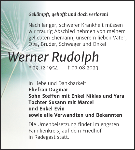 Traueranzeige von Werner Rudolph von Trauerkombi Köthen