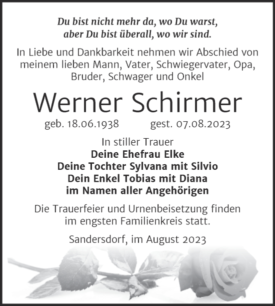 Traueranzeige von Werner Schirmer von Trauerkombi Bitterfeld