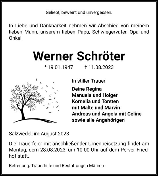Traueranzeige von Werner Schröter von Volksstimme Altmark West