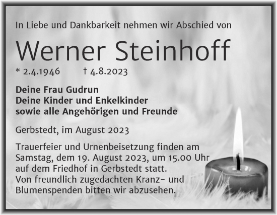 Traueranzeige von Werner Steinhoff von Trauerkombi Mansfelder Land