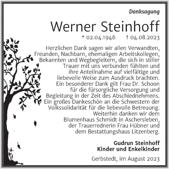 Traueranzeige von Werner Steinhoff von Trauerkombi Mansfelder Land
