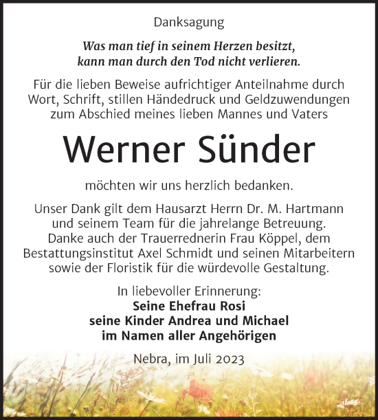 Traueranzeige von Werner Sünder von Wochenspiegel Naumburg/Nebra