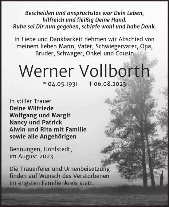 Traueranzeige von Werner Vollborth von Trauerkombi Sangerhausen