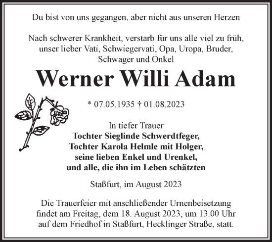 Traueranzeige von Werner Willi Adam von Volksstimme Staßfurt