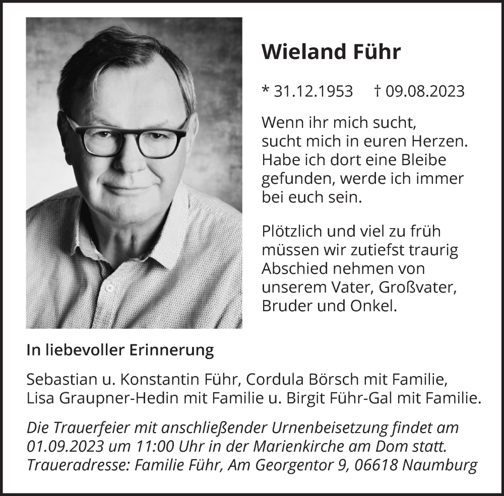  Traueranzeige für Wieland Führ vom 15.08.2023 aus Naumburger Tageblatt