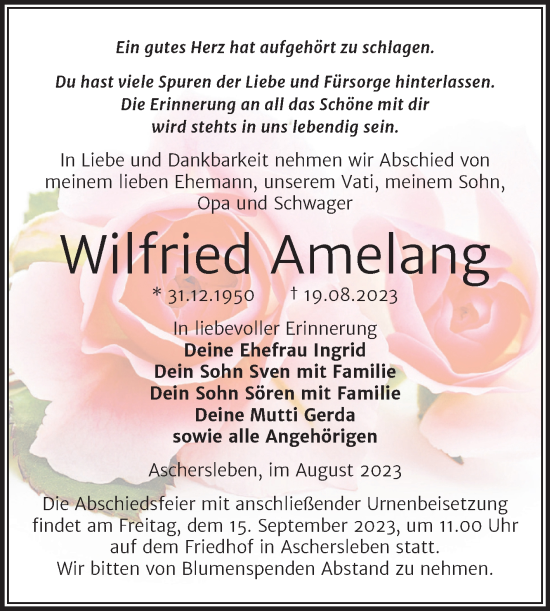 Traueranzeige von Wilfried Amelang von Trauerkombi Aschersleben