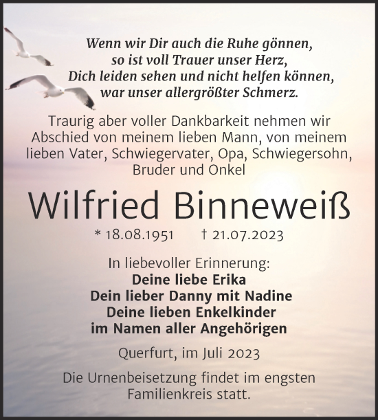 Traueranzeige von Wilfried Binneweiß von Trauerkombi Merseburg