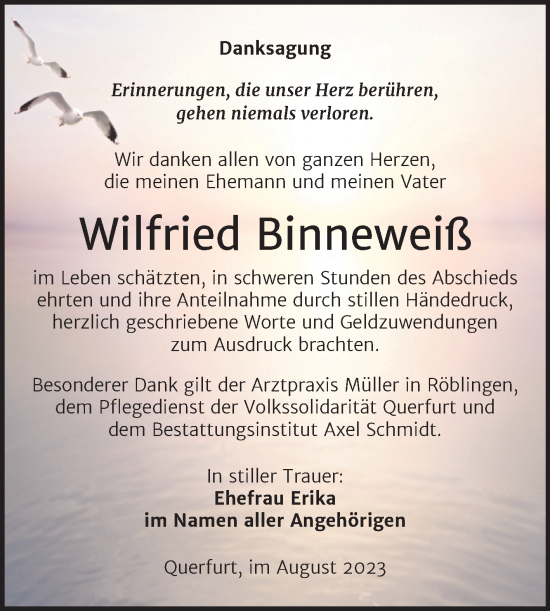 Traueranzeige von Wilfried Binneweiß von Trauerkombi Merseburg