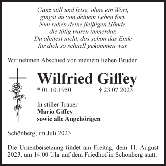 Traueranzeige von Wilfried Giffey von Volksstimme Altmark Ost
