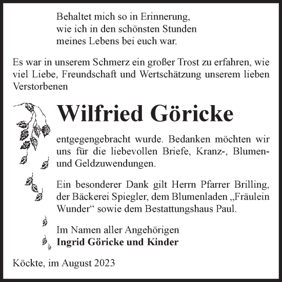 Traueranzeige von Wilfried Göricke von Volksstimme Altmark West