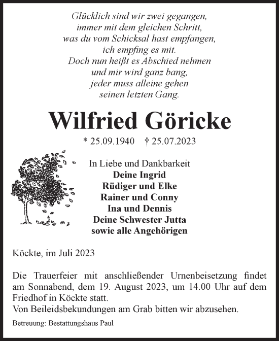 Traueranzeige von Wilfried Göricke von Volksstimme Altmark West