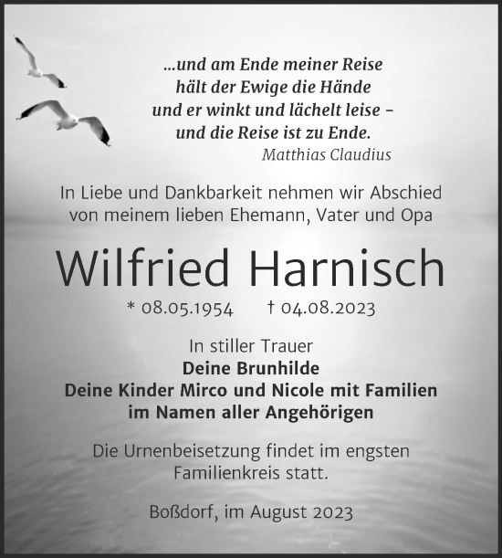 Traueranzeige von Wilfried Harnisch von Trauerkombi Wittenberg