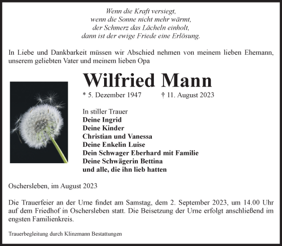 Traueranzeige von Wilfried Mann von Volksstimme Oschersleben/Wanzleben