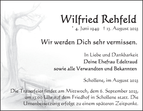 Traueranzeige von Wilfried Rehfeld von Volksstimme Altmark Ost