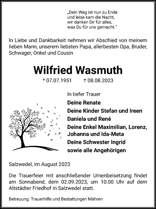 Traueranzeige von Wilfried Wasmuth von Volksstimme Altmark West