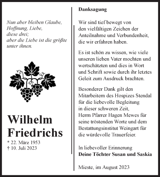 Traueranzeige von Wilhelm Friedrichs von Volksstimme Altmark West