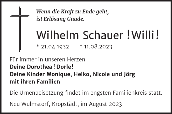 Traueranzeige von Wilhelm Schauer von Trauerkombi Wittenberg