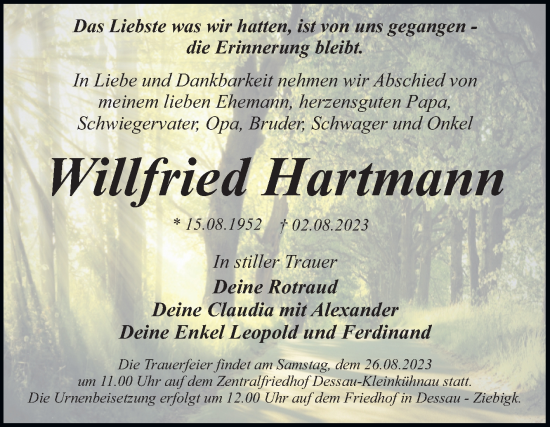 Traueranzeige von Willfried Hartmann von Mitteldeutsche Zeitung Halle/Saalkreis