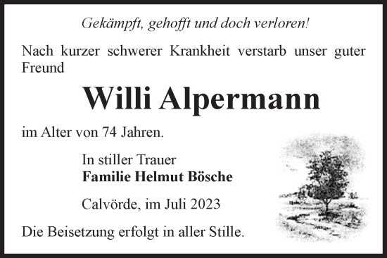 Traueranzeige von Willi Alpermann von Volksstimme Haldensleben/Wolmirstedt