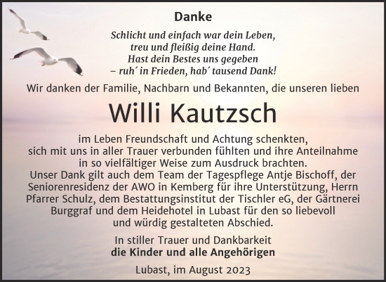 Traueranzeige von Willi Kautzsch von Trauerkombi Wittenberg