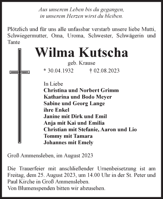 Traueranzeige von Wilma Kutscha von Volksstimme Haldensleben/Wolmirstedt