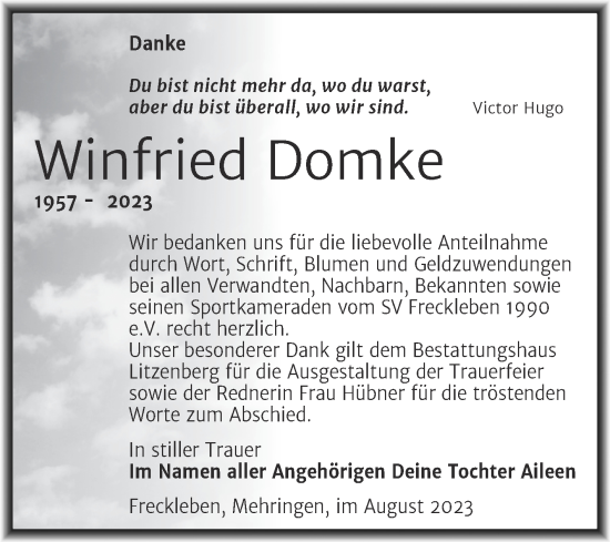 Traueranzeige von Winfried Domke von Trauerkombi Aschersleben
